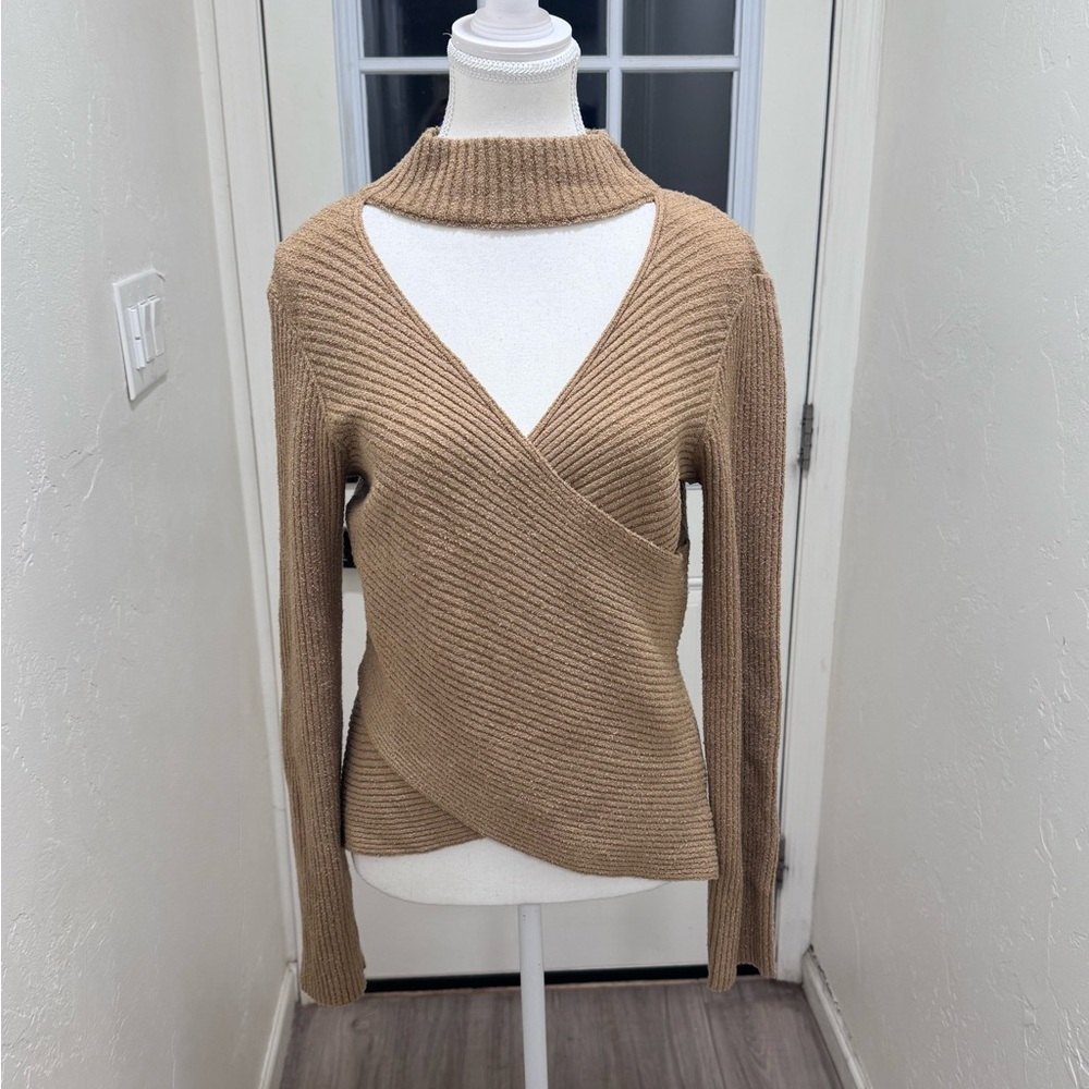 Astr the Label Tan Mock Neck Wrap Front Balletcore Minimaist Sweater